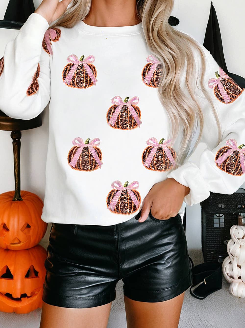 Bow Pumpkin Patched Cotton Sweatshirt