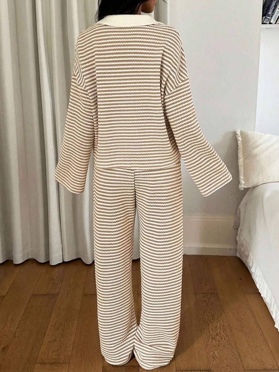 Striped Knit Two Piece Lounge Set Wide Leg Pants