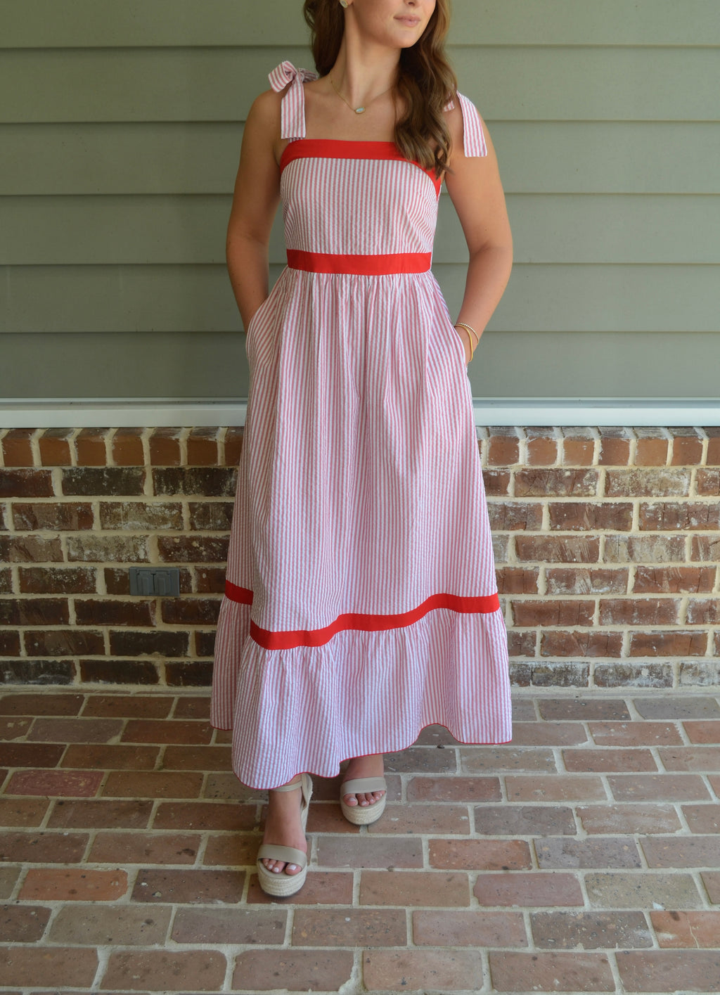 Stripe Bow Knot Straps Ruffle Hem Maxi Dress