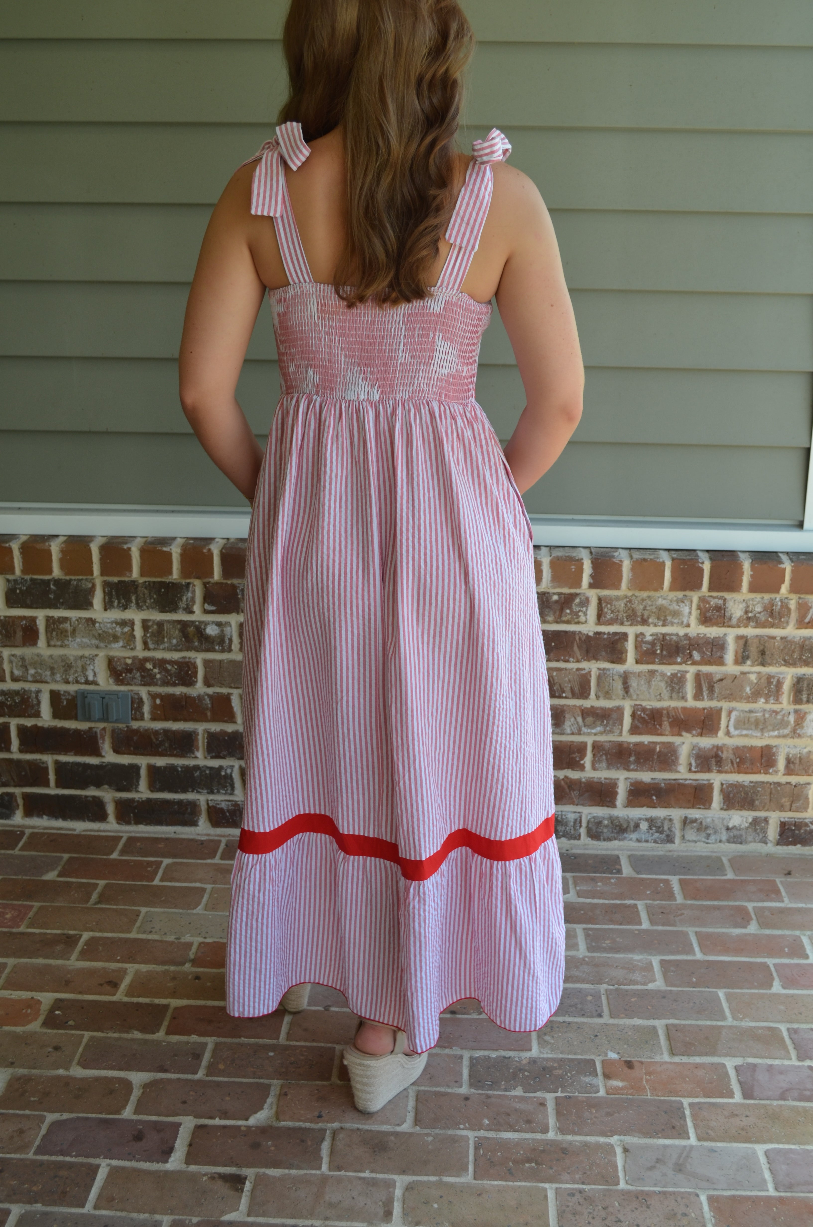 Stripe Bow Knot Straps Ruffle Hem Maxi Dress