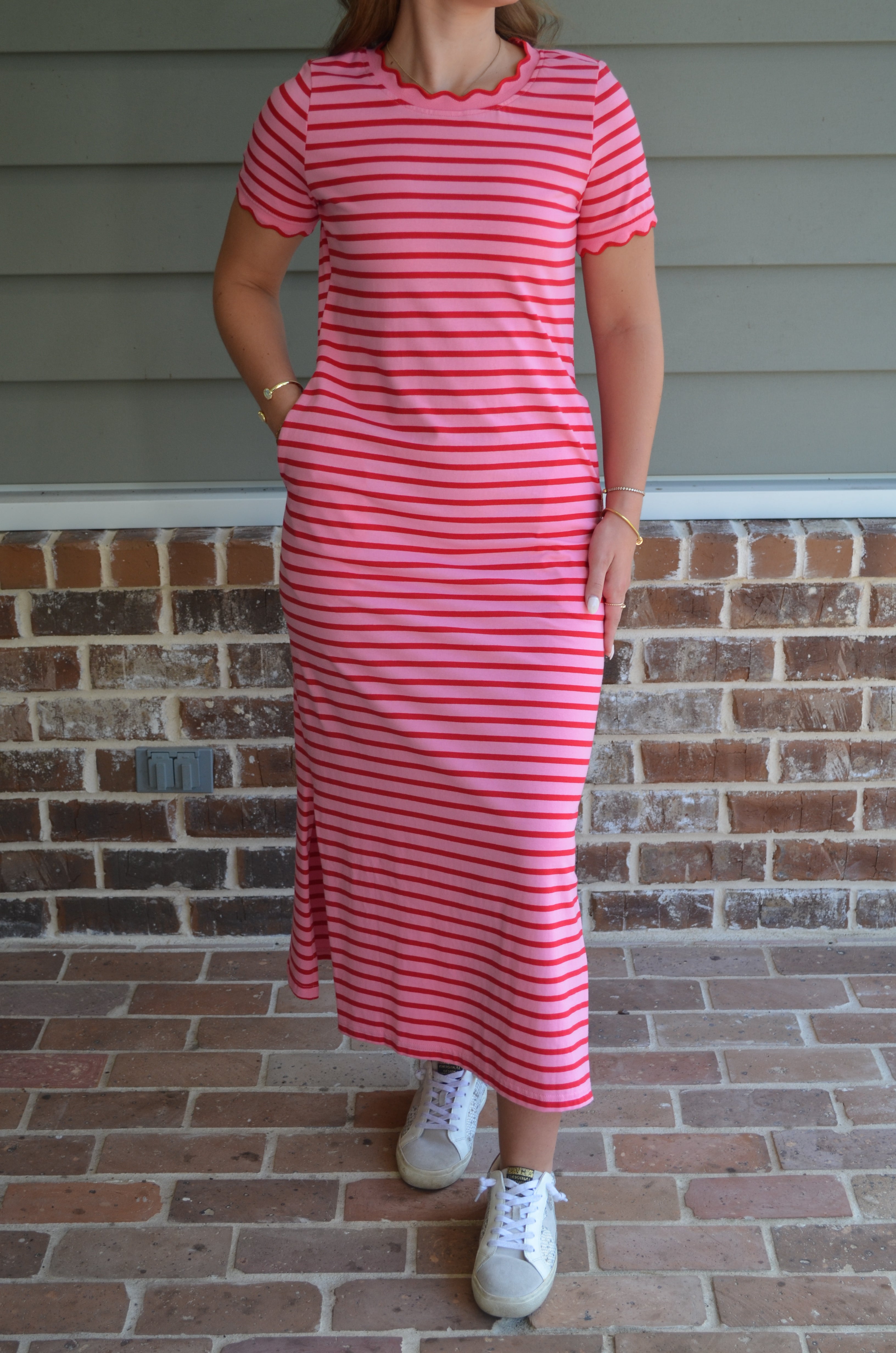 Scalloped Trim Short Sleeve Side Slit T-Shirt Long Dress