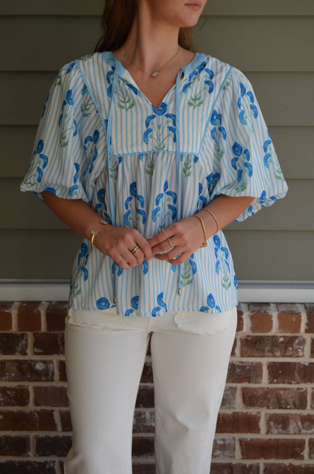 Floral Print Tie Neck Puff Sleeve Blouse