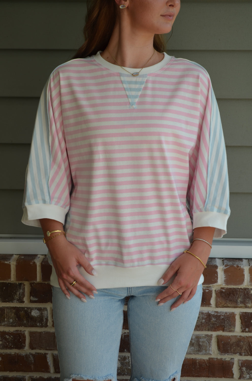 Striped Dolman Sleeve Patchwork Oversize T-Shirt