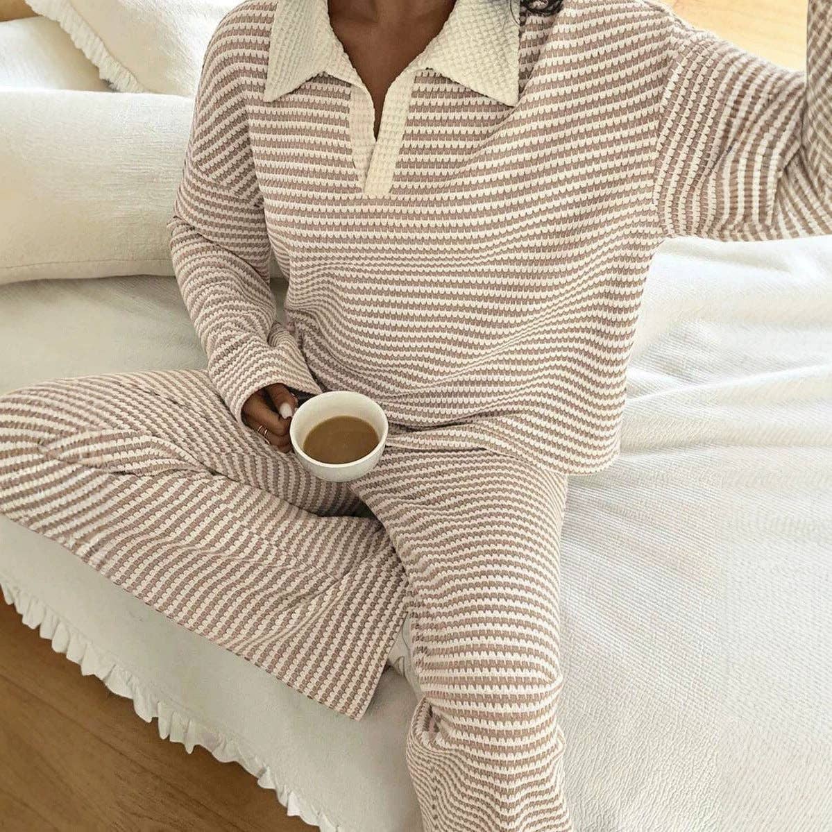 Striped Knit Two Piece Lounge Set Wide Leg Pants